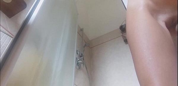  Incredible! spy on me while undressing to get a nice hot shower, not before I soaped and massaged for a long time the big tits